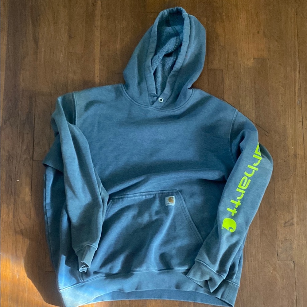 Carhartt Blue Hoodie with Neon Green Sleeve Logo